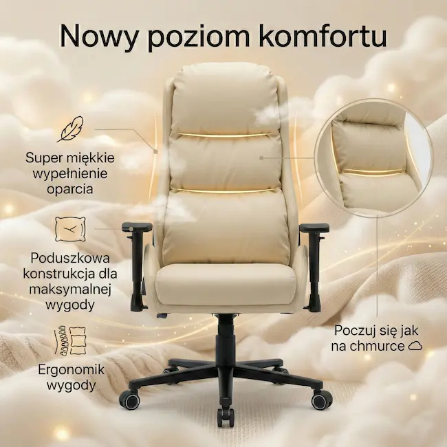 Miękka tapicerka przypominająca sofę w beżowym fotelu biurowym EP Elvon