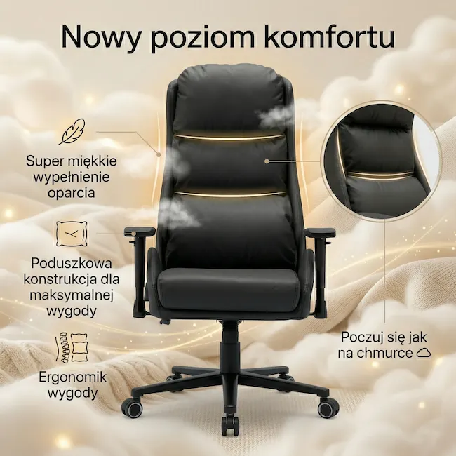 Miękka tapicerka przypominająca sofę w fotelu biurowym EP Elvon czarny