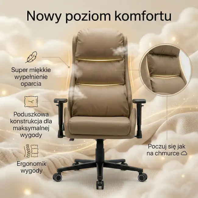 Miękka tapicerka przypominająca sofę w kremowym fotelu biurowym EP Elvon