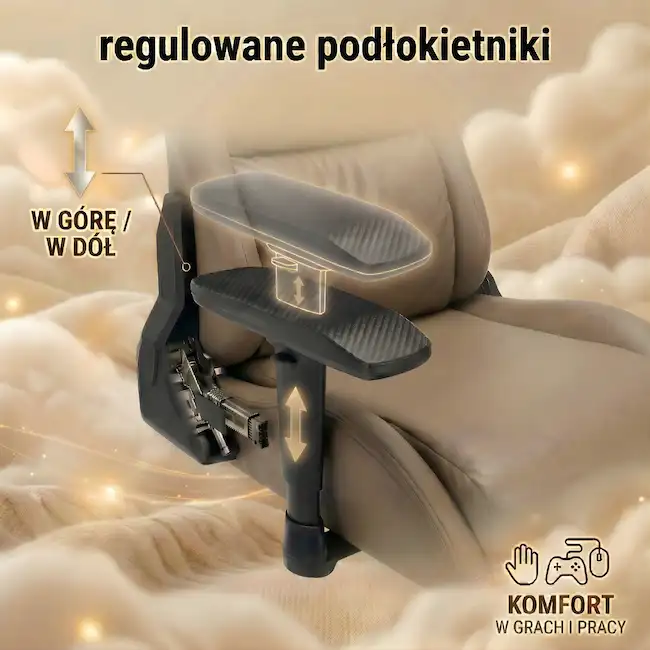 Regulowane w pionie podłokietniki kremowego fotela biurowego EP Elvon