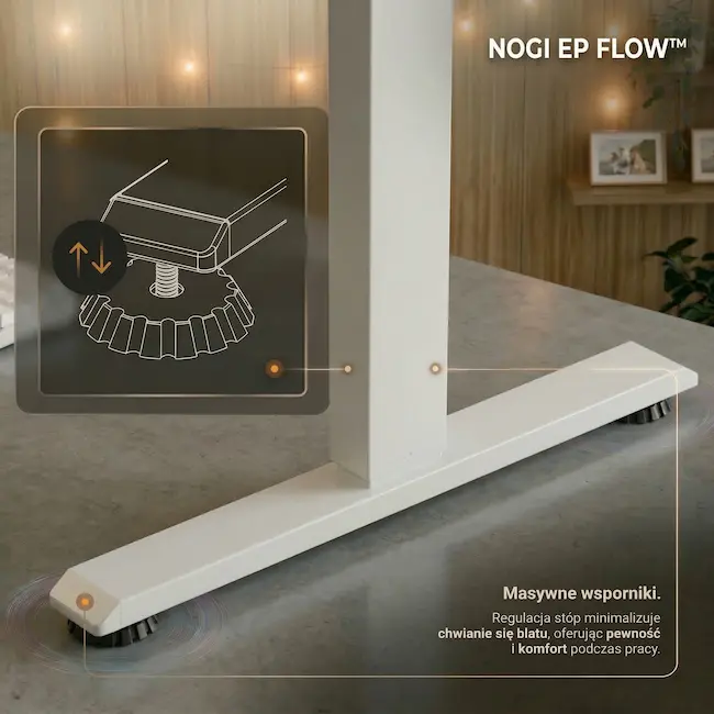 Stabilne nogi i regulowane stopki poziomujące biurka EP Flow