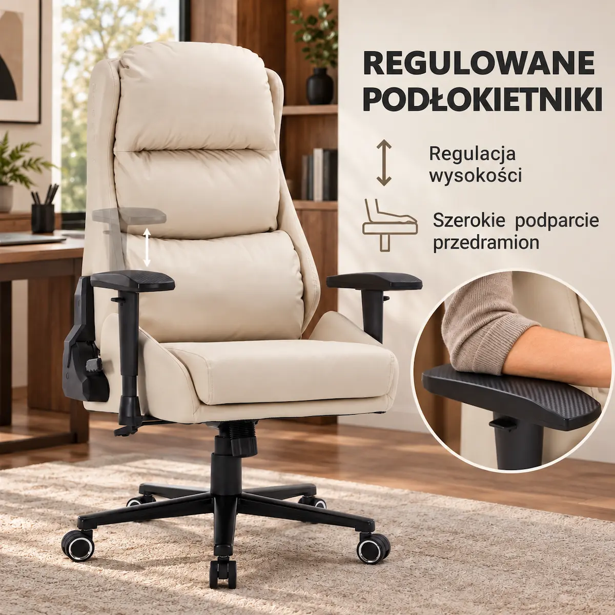 Regulowane w pionie szerokie podłokietniki fotela EP Elvon