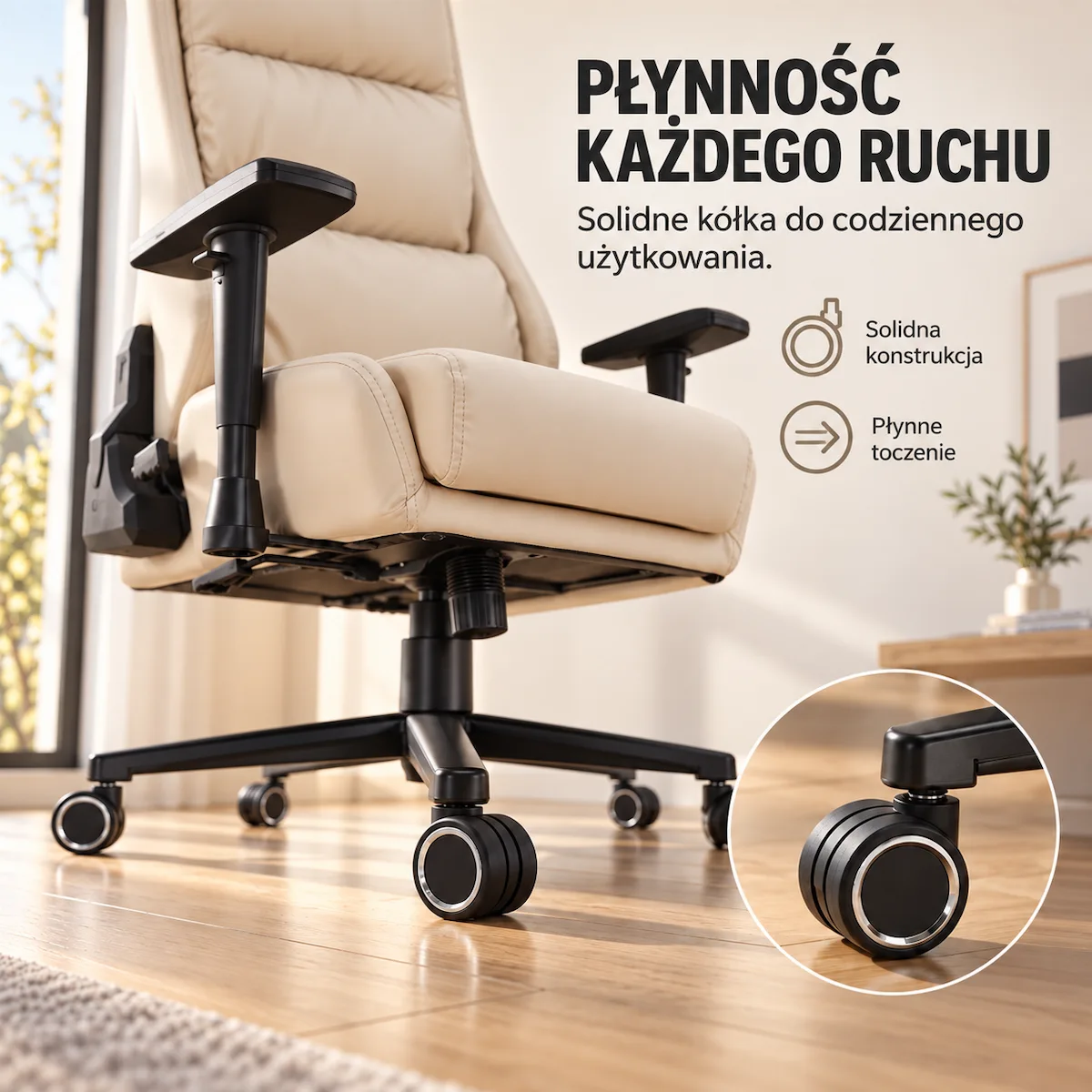 Miękkie kółka PU przyjazne dla podłogi w fotelu EP Elvon
