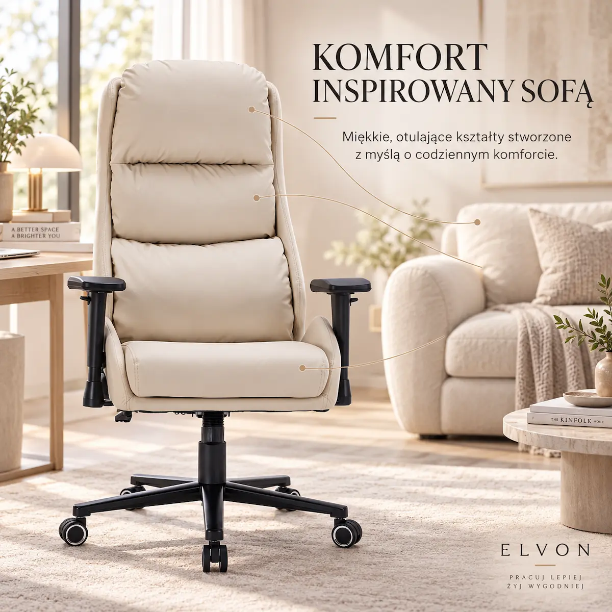 EP Elvon beżowy fotel biurowy – komfort inspirowany sofą