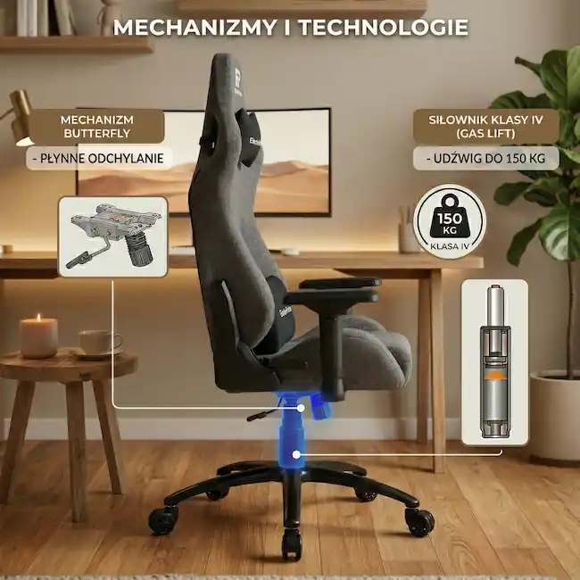 Solidny mechanizm Butterfly 150kg fotel gamingowy EP Atlas szary