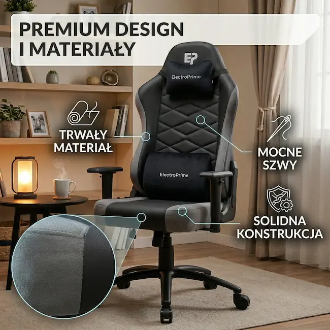 Design i jakość materiałów fotel gamingowy EP Nova szaro-czarny