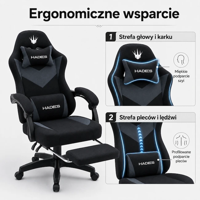 Ergonomiczna budowa wsparcie kręgosłupa fotel EP Hades czarno-szary