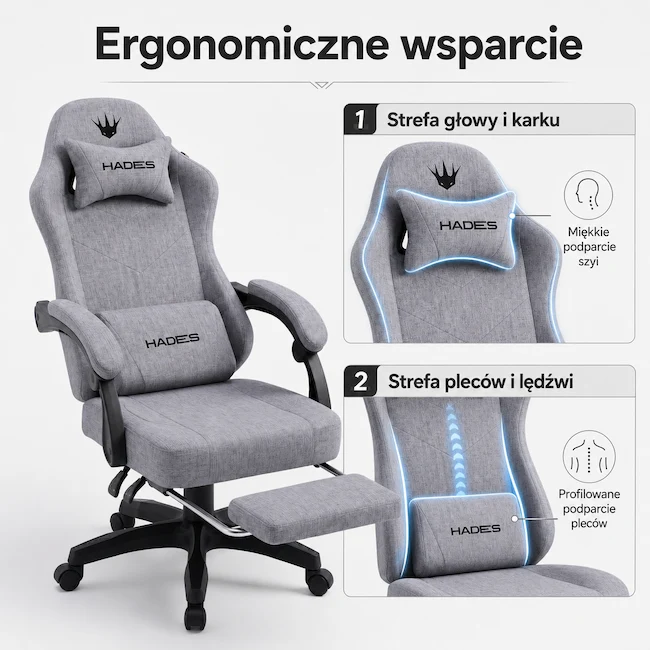 Ergonomiczna budowa wsparcie kręgosłupa fotel EP Hades szary