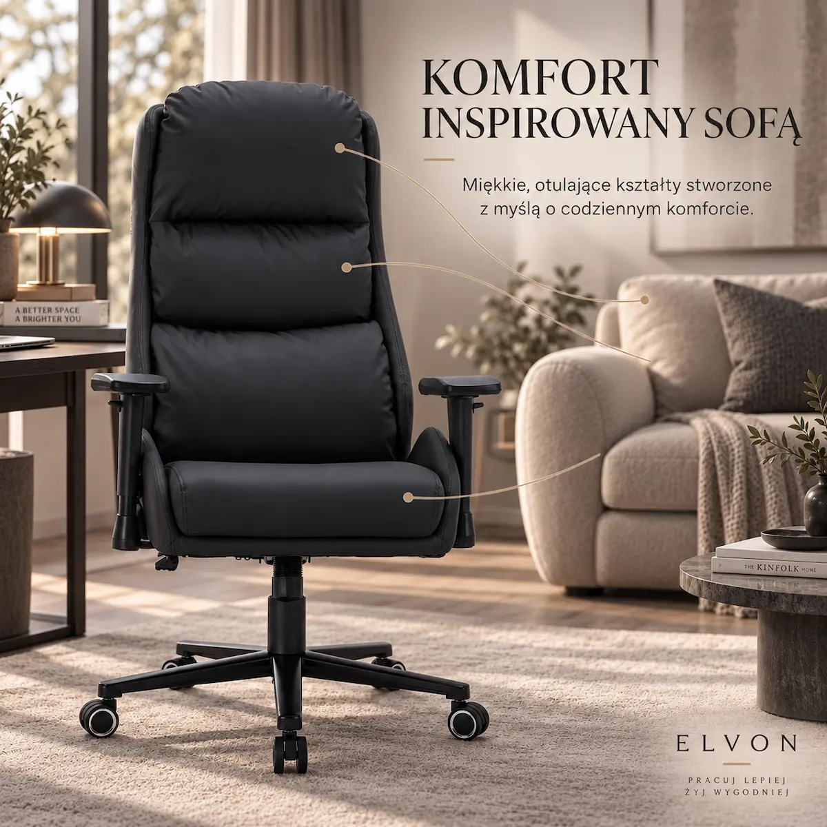 EP Elvon czarny fotel biurowy – komfort inspirowany sofą
