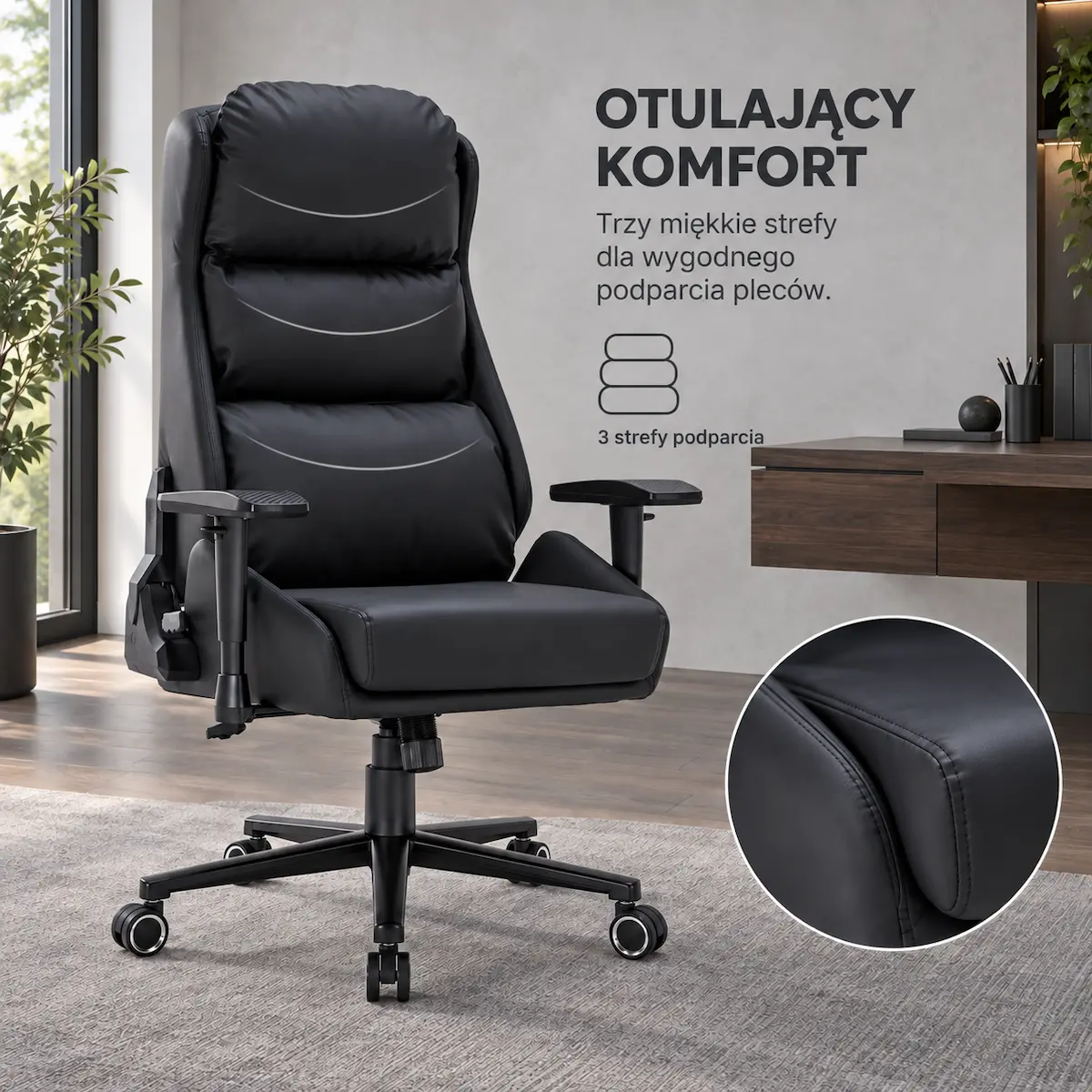 Miękkie trzy strefy oparcia czarnego fotela biurowego EP Elvon