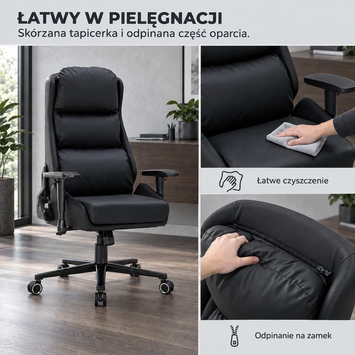 Łatwa w pielęgnacji czarna tapicerka i zdejmowane poszycie oparcia EP Elvon