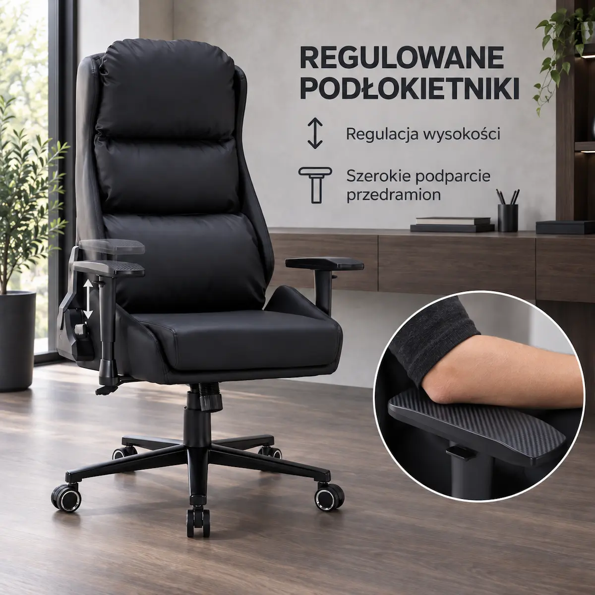 Regulowane w pionie szerokie podłokietniki czarnego fotela EP Elvon