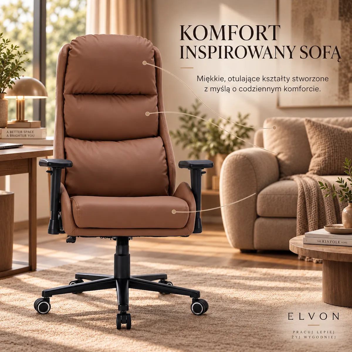 EP Elvon kawowy fotel biurowy – komfort inspirowany sofą