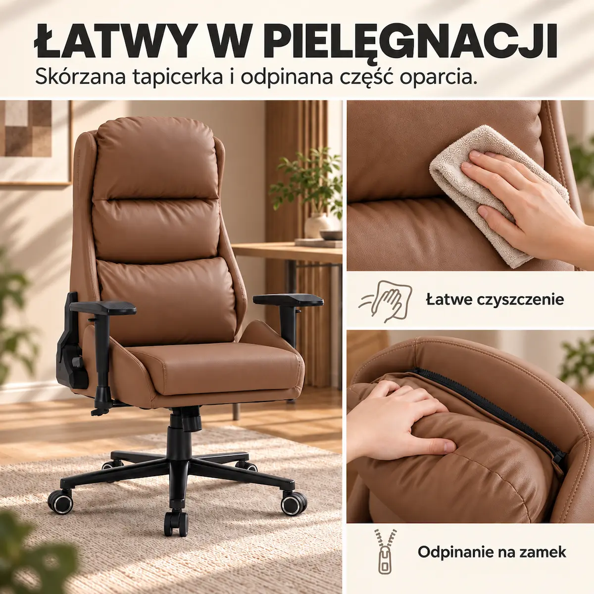 Łatwa w pielęgnacji kawowa tapicerka i zdejmowane poszycie oparcia EP Elvon