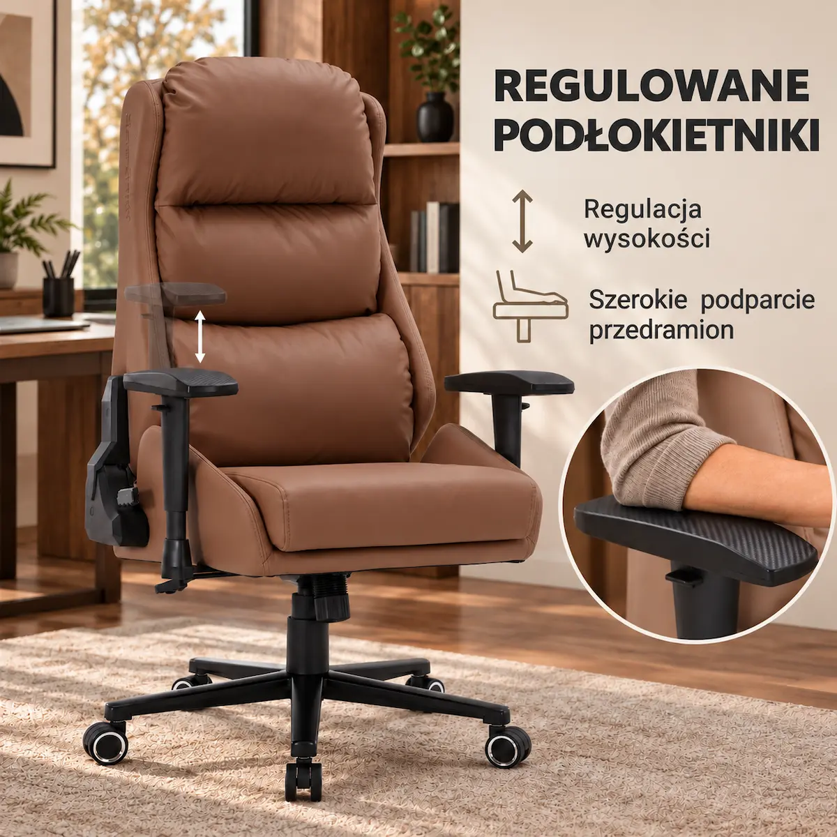 Regulowane w pionie szerokie podłokietniki kawowego fotela EP Elvon