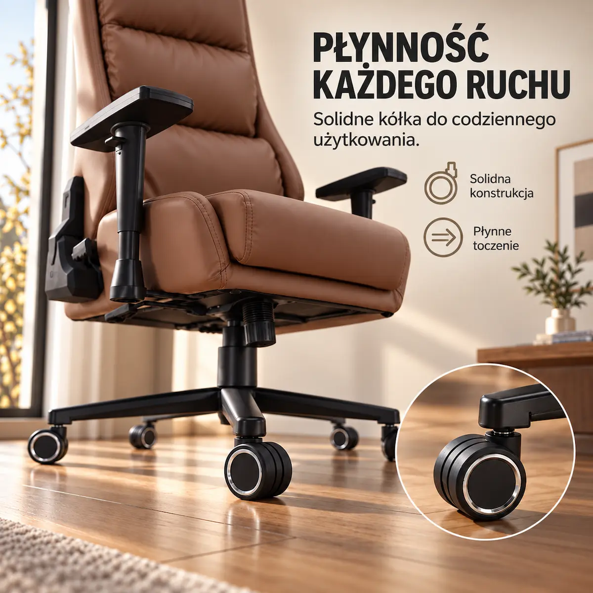 Miękkie kółka PU przyjazne dla podłogi w kawowym fotelu EP Elvon