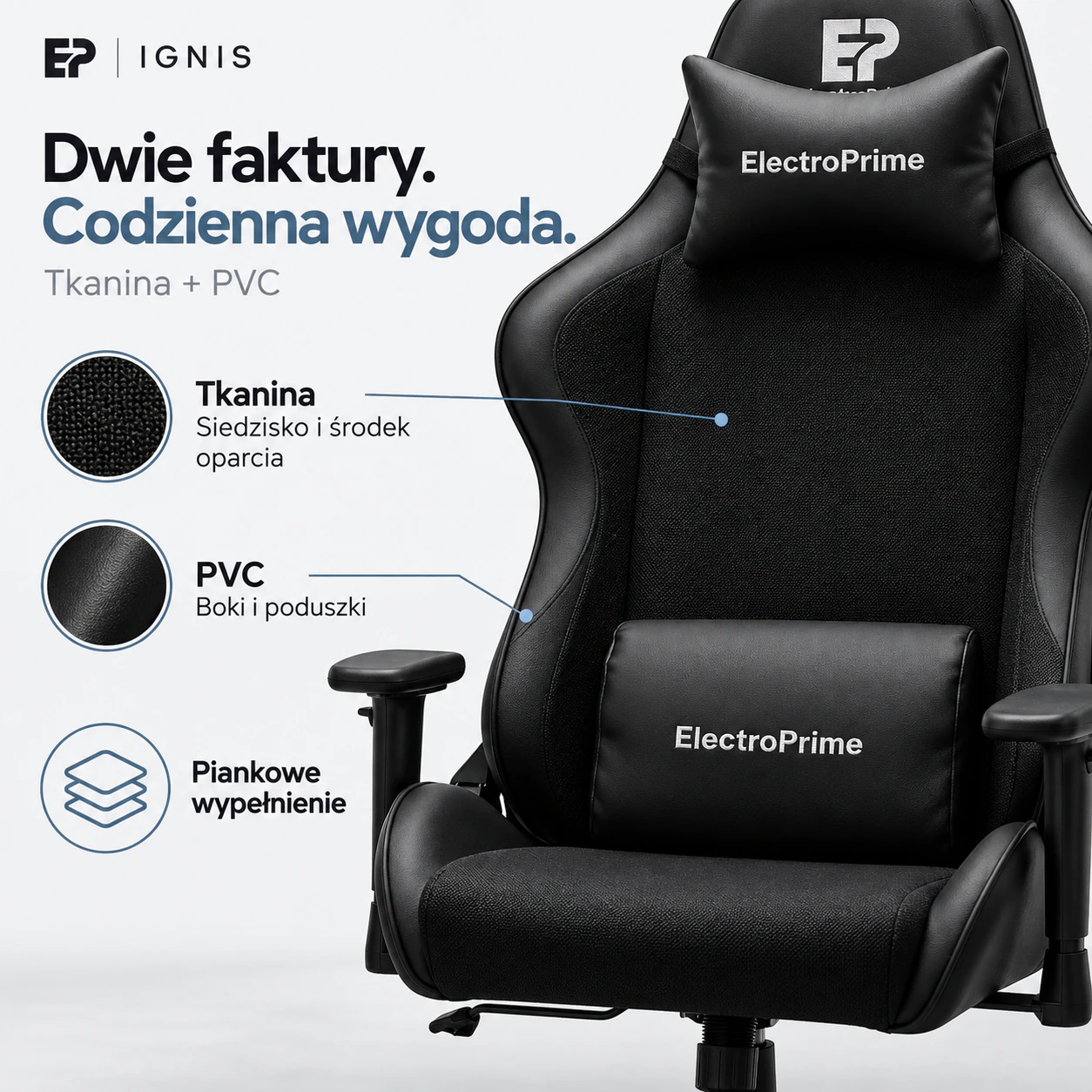 Materiały PVC skóra i tkanina w fotelu gamingowym EP Ignis czarnym