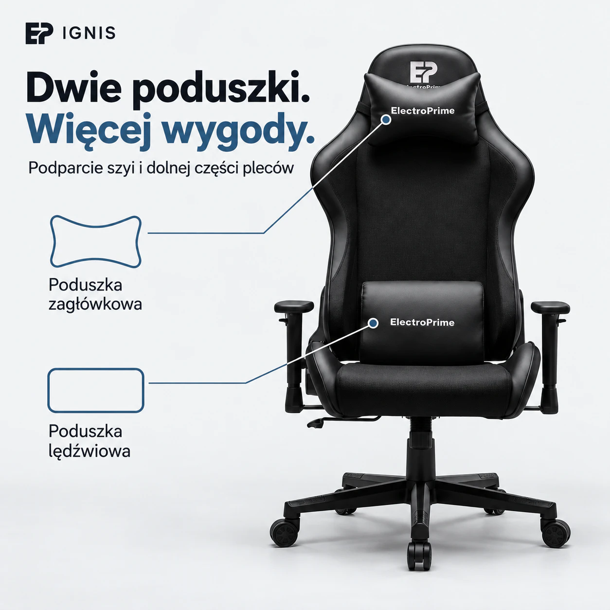 Poduszka lędźwiowa i zagłówek fotela gamingowego EP Ignis czarnego