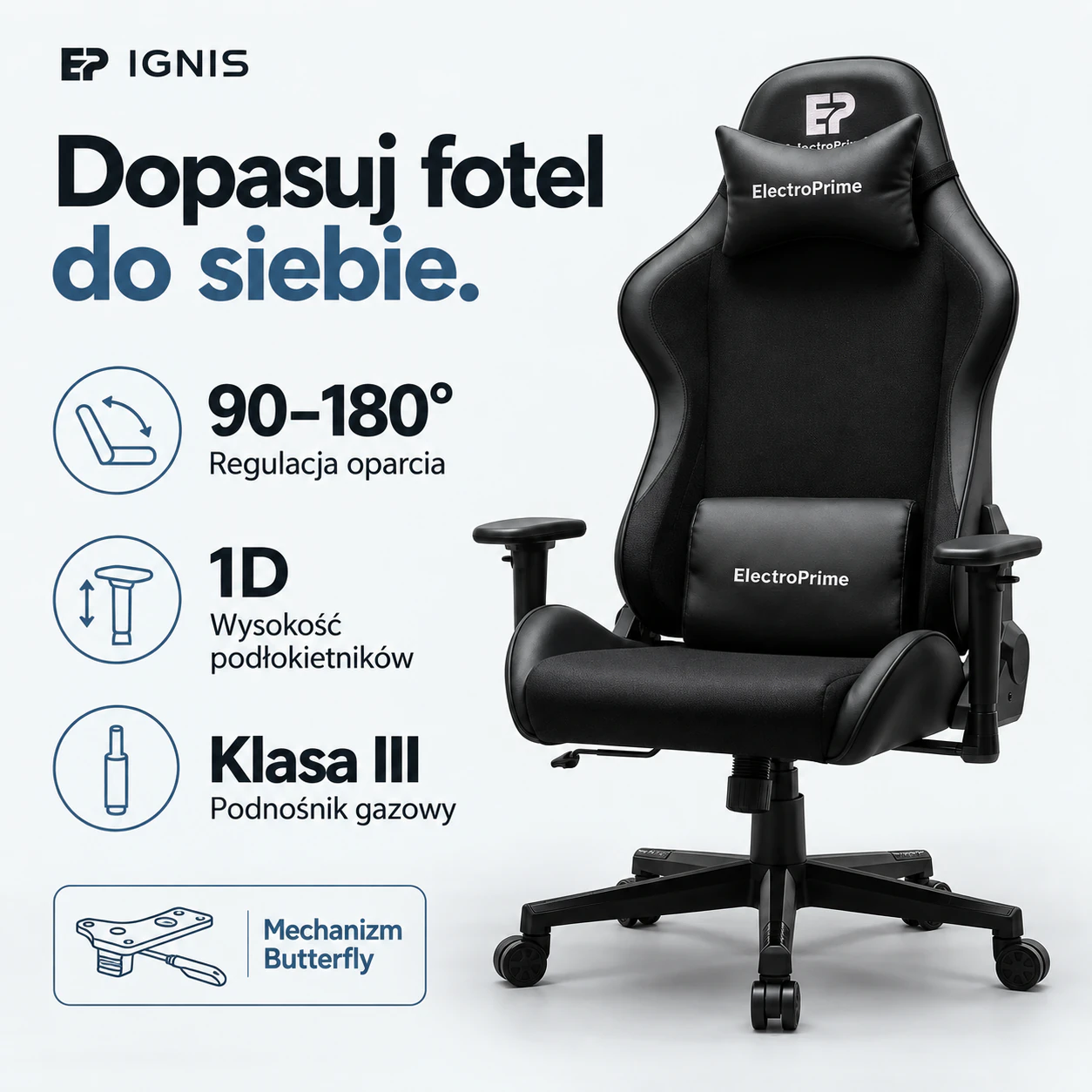 Regulacja oparcia 90 do 180 stopni w fotelu EP Ignis czarnym