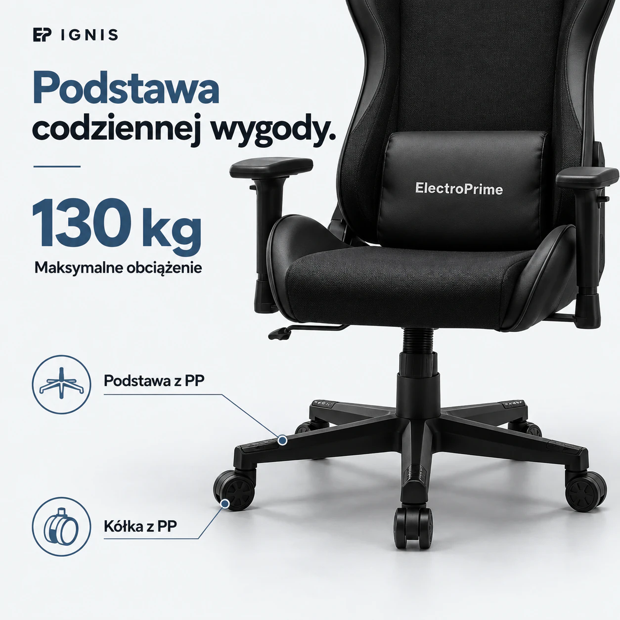 Podstawa, podnośnik klasy III i kółka PP fotela gamingowego EP Ignis czarnego