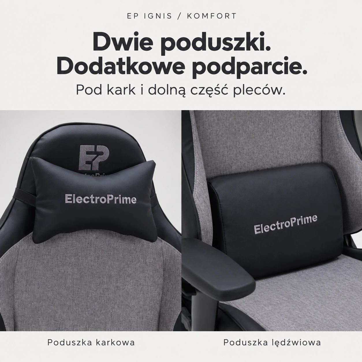 Poduszka lędźwiowa i zagłówek w szarym fotelu gamingowym EP Ignis