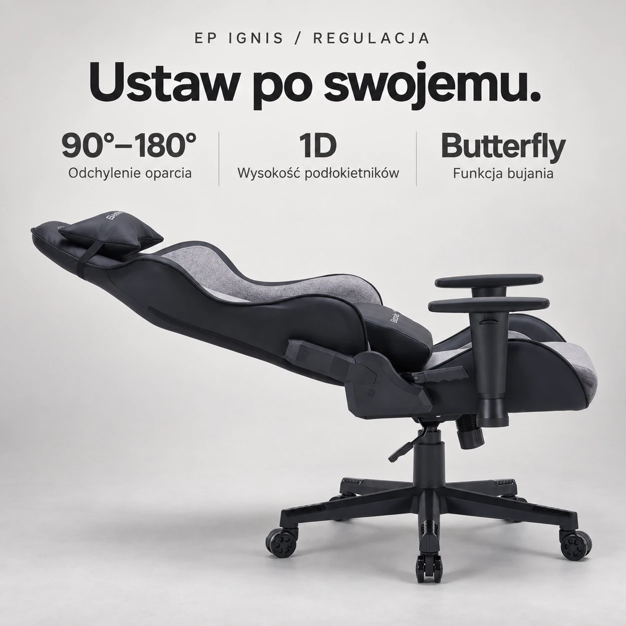 Regulacja oparcia 90 do 180 stopni w szarym fotelu EP Ignis