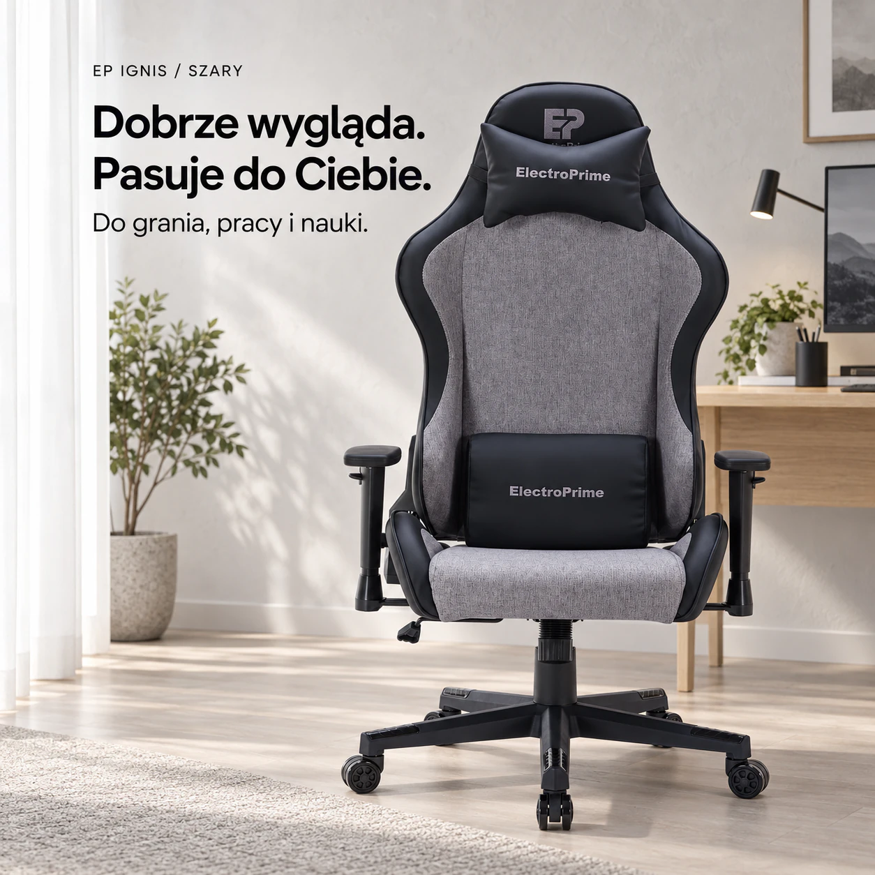 Szary EP Ignis w nowoczesnym stanowisku gamingowym i home office